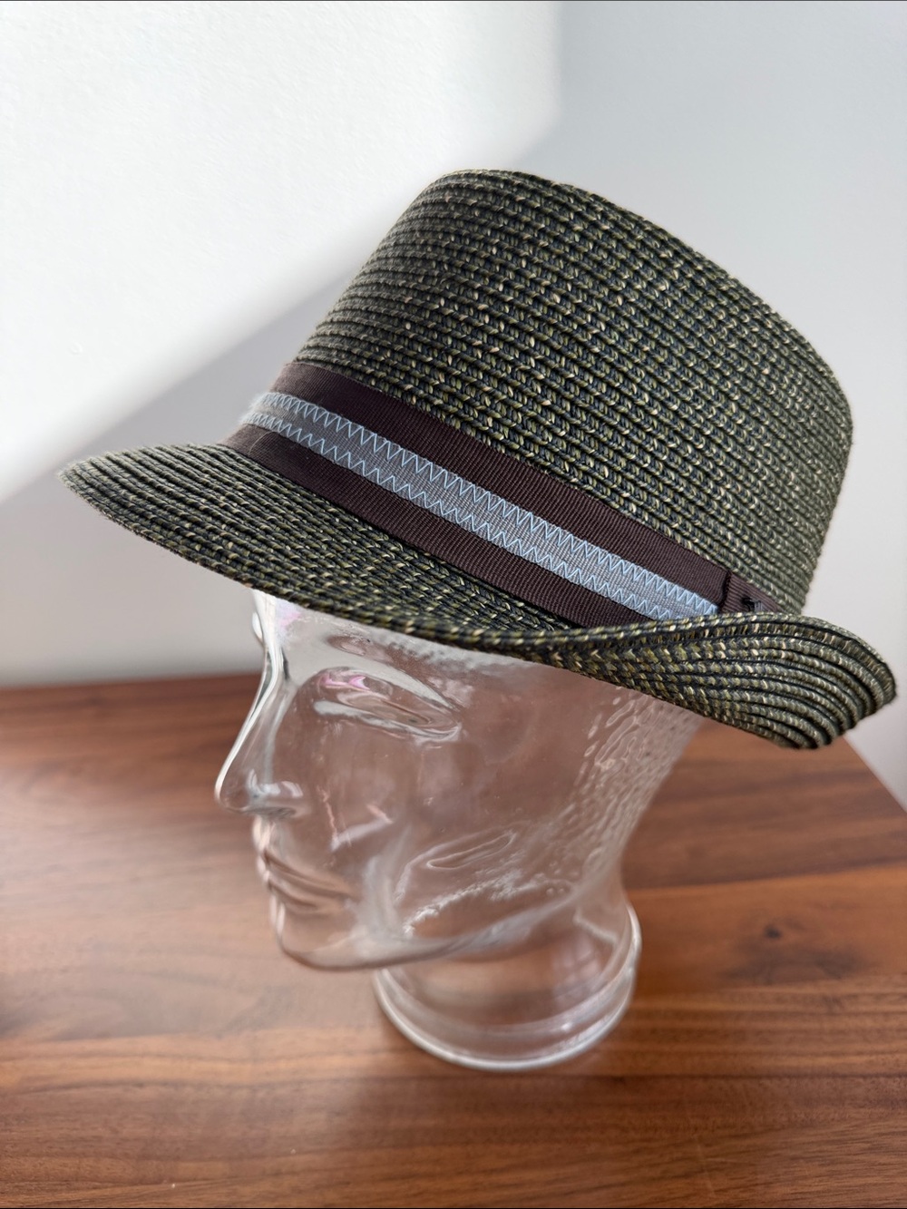 Original Penguin Olive Green Straw Fedora with Brown and Light Blue Band